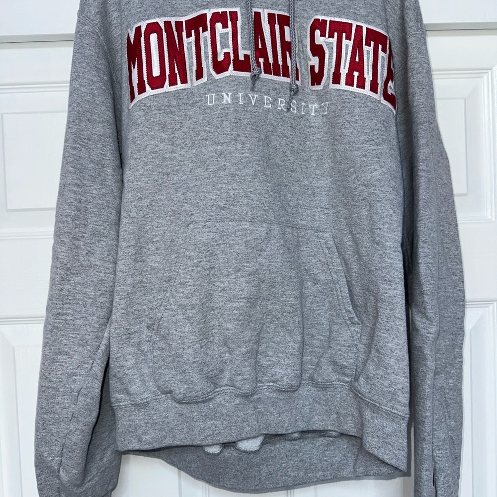 Champion Gray Hoodie with Navy Logo Tag